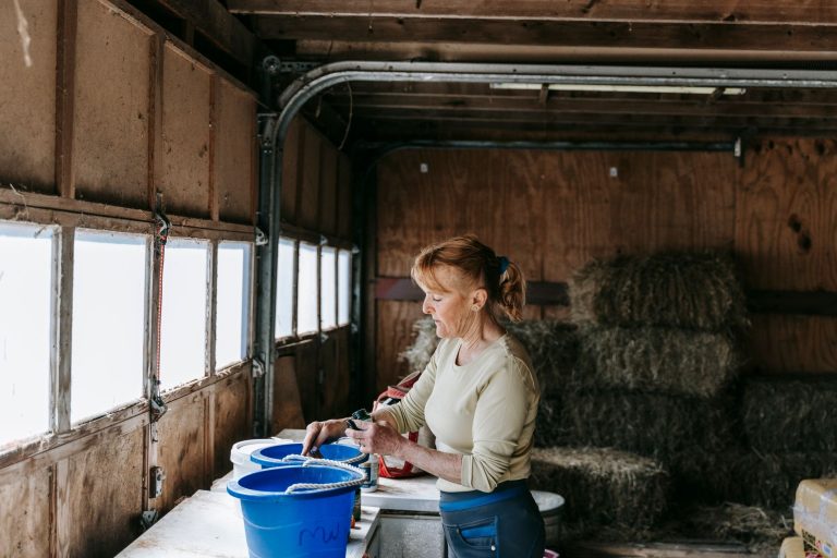 A woman making up labelled feed buckets on a bench in a barn, with hay bales stacked behind her